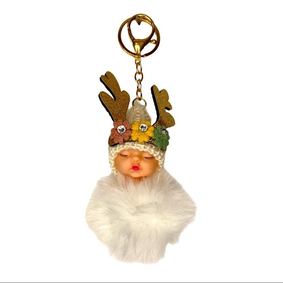 SLEEPY BABY BIG POMPON IN WHITE CHARM KEYCHAIN NEW - Picture 2 of 4